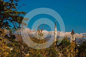 TIRANA, ALBANIA: The Et'hem Bey Mosque and Clock Towerin Skanderbeg Square in the center of Tirana.