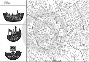Tirana city map with hand-drawn architecture icons