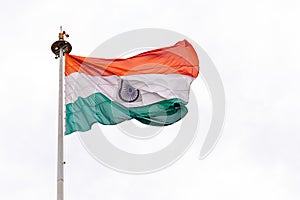 Tiranga the Indian Tricolor flag flowing with wind and shot from a low angle. Patriotism concept