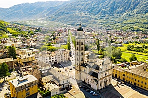 Tirano, Valtellina, Italy, view of the city and the Sanctuary of the Blessed Virgin