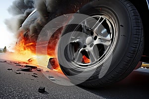 Tire blowout causing a car to swerve out of control, narrowly avoiding a collision with oncoming traffic. Generative AI photo