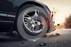 Tire blowout causing a car to swerve out of control, narrowly avoiding a collision with oncoming traffic. Generative AI