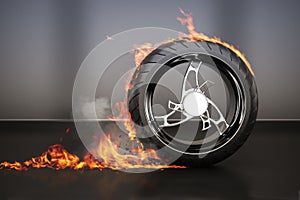 Tire burnout with flames smoke and debris,concept