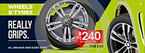 Tire car advertisement poster. 3D illustration of car tire. Wheel. Black rubber tire. Realistic vector shining disk car wheel tyre