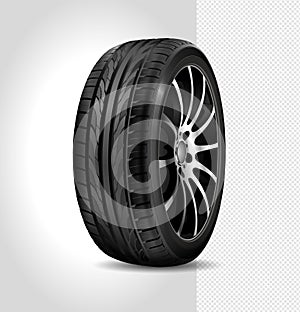 Tire car isolated on white background. Car wheel. Black rubber tire. Realistic shining d