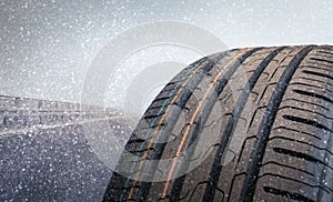 Tire in close-up on a snowy road