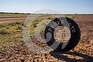 Tire on a dirt road of the Oodnadatta Track in the outback of Australia