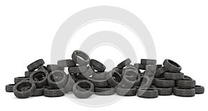 Tire dump isolated on white background. Dirty tires. Recycling tires. Environmental pollution. Global problem. Trashing the planet