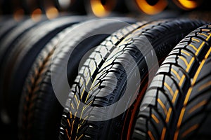 Tire emporium Close up of bulk car tires in shop, showcasing variety
