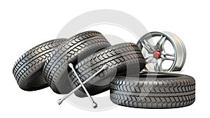 Tire fitting concept car wheels in stack 3d illustration on white no shadow