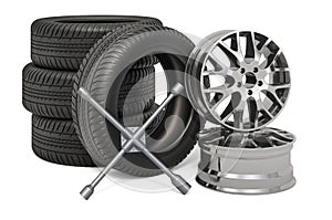 Tire Fitting service concept. Car wheels and rims with lug wrench, 3D rendering