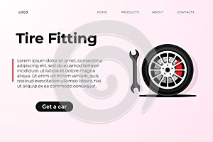 Tire fitting service design template with realistic wheel illusrtation and wranch. photo