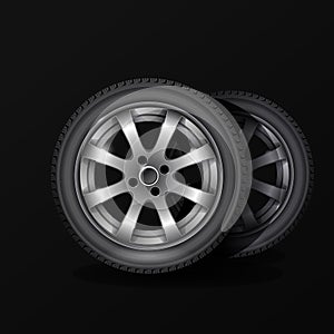 Tire fitting service poster, car wheel tyre with alloy wheel rim on black background