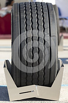Tire of a heavy vehicle on display