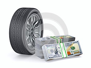Tire and money on white background. Isolated 3D illustration