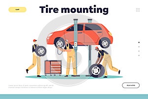 Tire mounting concept of landing page with auto mechanic service center staff changing tyre