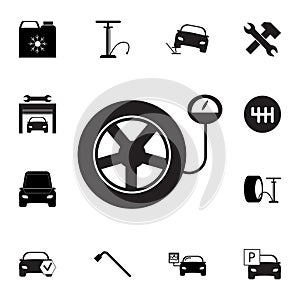 Tire pressure gauge. Car wheel with manometer icon. Set of car repair icons. Signs, outline eco collection, simple icons for websi