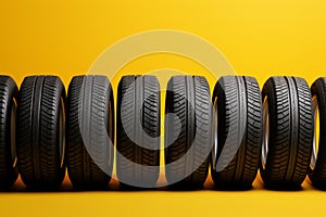 Tire row elegance Yellow background adorned with a neat row of tires