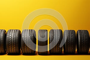 Tire row elegance Yellow background adorned with a neat row of tires