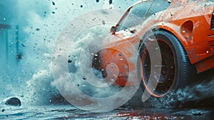 A tire screeches as a car spins out of control narrowly avoiding a collision with the barrier photo