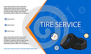 Tire service banner template with wheels and copy space for information, flat cartoon vector illustration