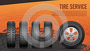 Tire service banner. Tires, car wheels poster. Autos repair, wheel replacement vector illustration