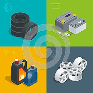 Tire service car auto, repair icons flat 3d set isolated vector isometric illustration. Consumables for car photo