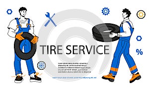 Tire service or car repair garage banner or flyer cartoon vector illustration