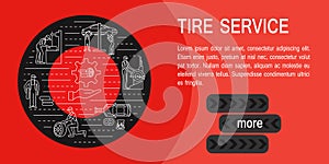 Tire service line icons collection in circle composition, car repair equipment.