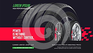 Tire shop vector banner of car wheel tyres with tread track price offer. Tire shop, spare parts and auto service discount promotio