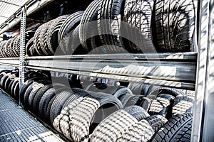 Tire stack background. Selective focus.