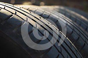 Tire stack background. Selective focus