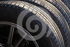 Tire stack background. Selective focus