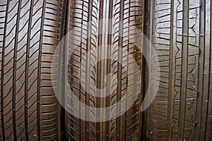 Tire stack background. Selective focus.