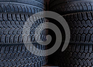 Tire stack background. Selective focus