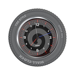 Tire style decorative wall clock. Creative business idea. Isolated white background.