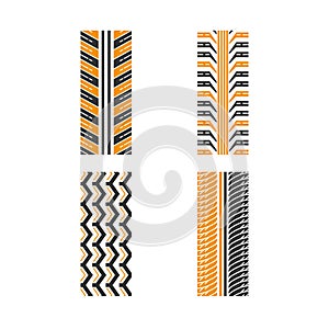 Tire textures black and yellow RGB color icons set. Detailed automobile, motorcycle, bike tyre marks. Car summer and