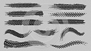 Tire trace track. Abstract wheels braking distances, tread silhouettes brushes. Isolated car or motorcycles vector