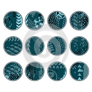 Tire track grunge blue circles set