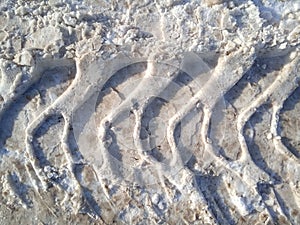 Tire track in snow, tread, dirty snow