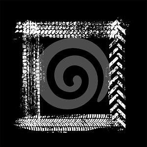 Tire track square frame isolated on black backdrop