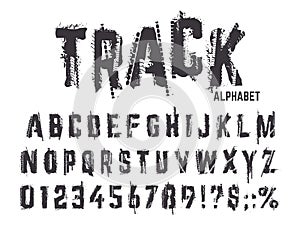 Tire tracks alphabet. Grunge texture treads letters and numbers, typography car wheel tire tracks lettering abc isolated