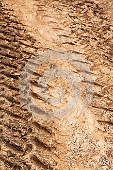 Tire tracks in dirt mud.