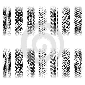 Tire tracks grunge outline silhouettes set