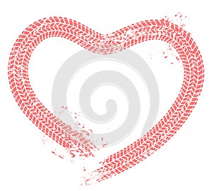 Tire tracks heart. Motorist love, hearts tire track and motor car enthusiast valentines card grunge vector illustration