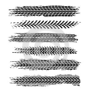 Tire tracks. Motorcycle, car and truck dirty grunge road tire prints. Tread automobile vector isolated set