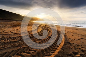 Tire tracks prints in beach sand