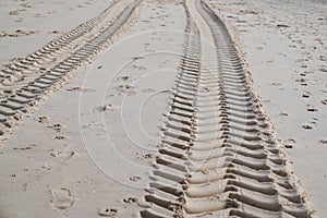 Tire tracks on sand beach desert background texture