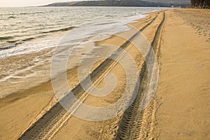 Tire tracks on the sandy beach against the ocean