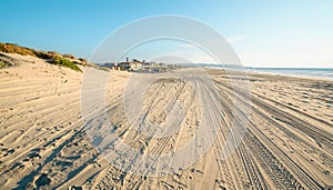 Tire tracks on sandy beach. Oceano Dunes Vehicular Recreational Aria, California State Park allows  vehicles to drive on the beach